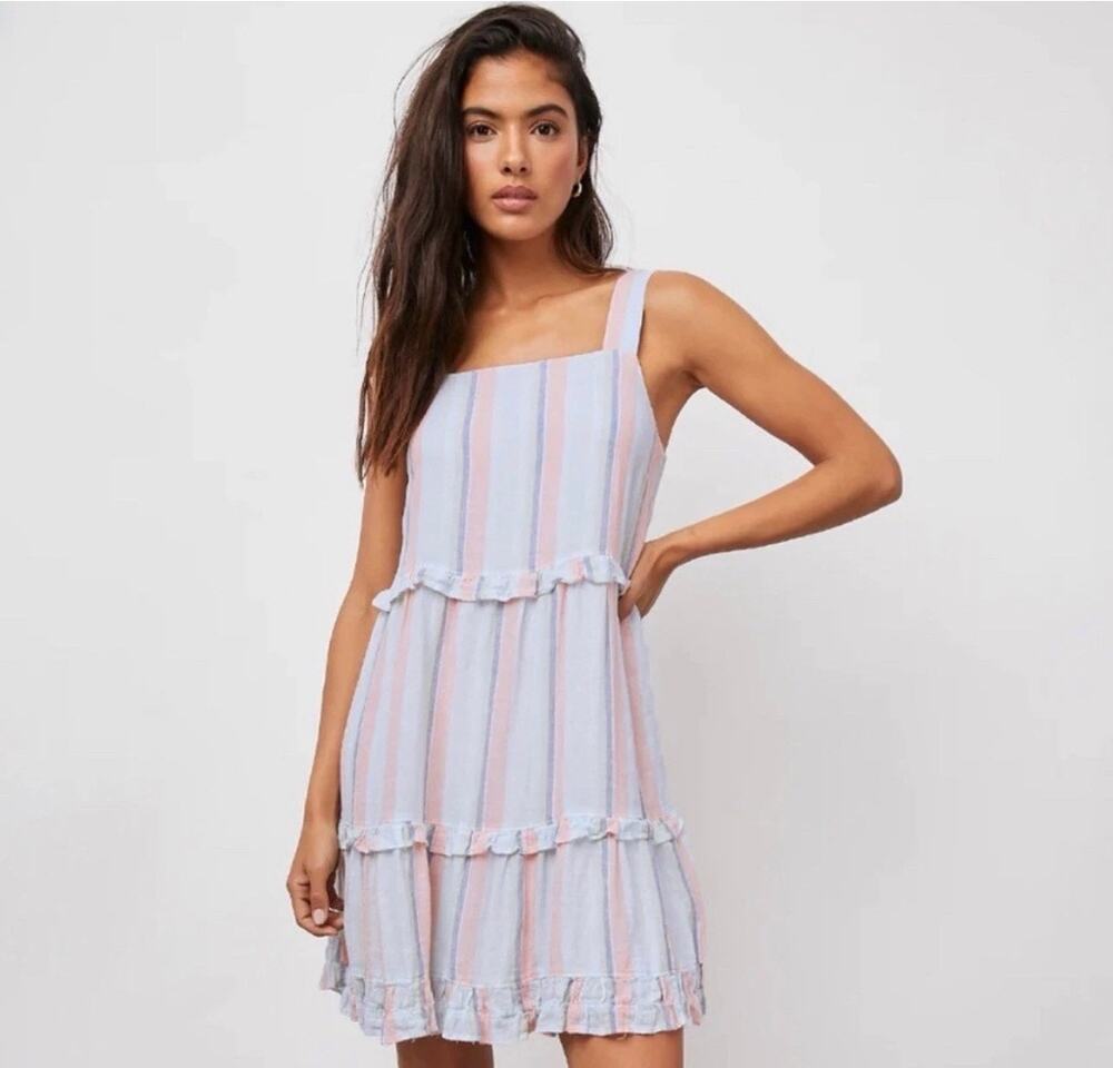Rails Sandy Stripe Tiered Mini Dress Linen Blend Sleeveless  M coast vacation